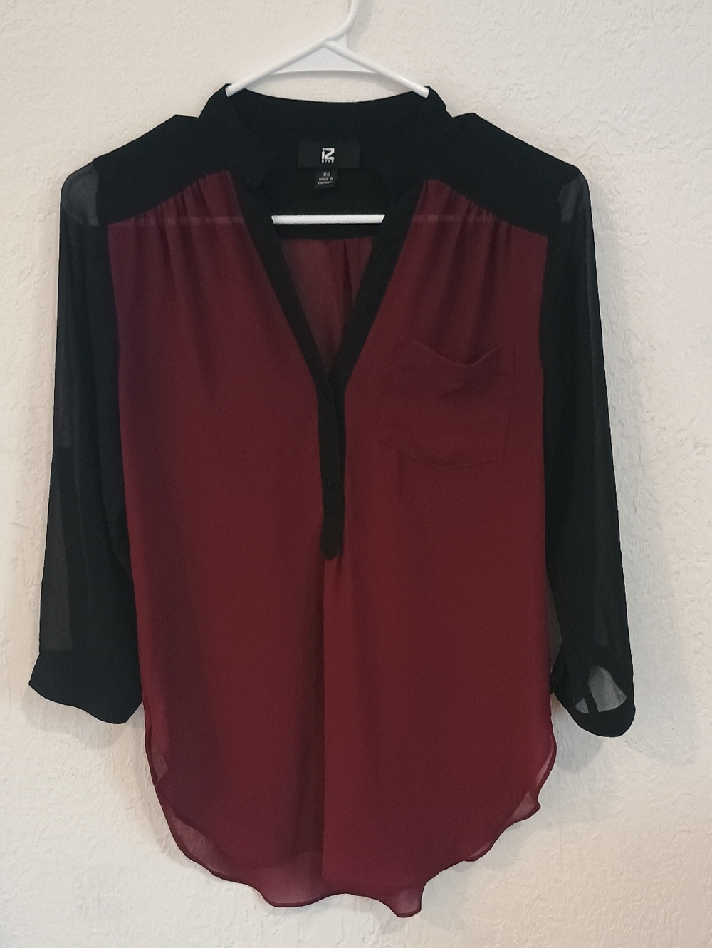 Iz Byer Burgundy and Black Sheer Sleeve Blouse